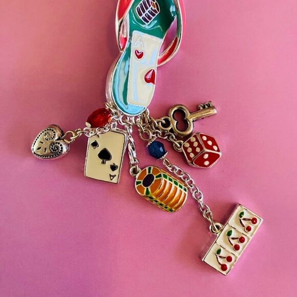 Lucky Charm Flip Flop Enamel Pin With Silver Tone Dangling Charms Playing Cards - Picture 3 of 5